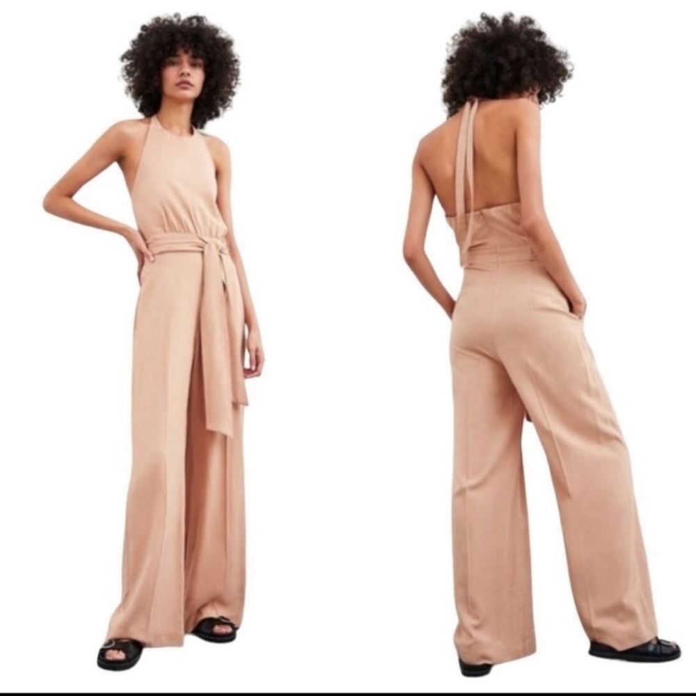 Zara Sz M Dusty Pink Linen Blend Wide Leg Jumpsuit.